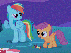 Size: 400x300 | Tagged: safe, screencap, rainbow dash, scootaloo, pegasus, pony, g4, owl's well that ends well, animated, apple, apple core, cropped, cute, cutealoo, faic, female, filly, jumping, mare