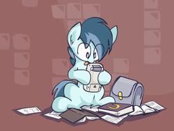 Size: 960x720 | Tagged: safe, artist:scrimpeh, shady daze, earth pony, g4, book, colt, concentrating, foal, game boy, male, nintendo, tetris, tongue out, video game