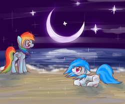 Size: 1576x1302 | Tagged: safe, artist:strangemoose, dj pon-3, rainbow dash, vinyl scratch, g4, beach, moon, stars