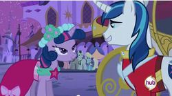 Size: 639x356 | Tagged: safe, screencap, bruce mane, eclair créme, shining armor, twilight sparkle, a canterlot wedding, g4, bedroom eyes, hub logo, out of context