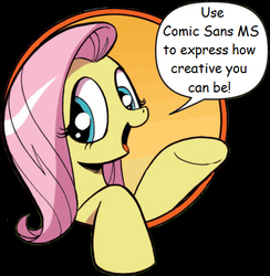 Size: 421x431 | Tagged: safe, idw, fluttershy, pegasus, pony, friendship is magic #3, g4, my little pony: friendship is magic (idw), bad advice fluttershy, comic sans, dialogue, exploitable meme, female, mare, meme, open mouth, smiling, solo