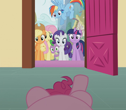 Size: 1264x1107 | Tagged: safe, screencap, applejack, fluttershy, pinkie pie, rainbow dash, rarity, spike, twilight sparkle, dragon, earth pony, pegasus, pony, unicorn, g4, too many pinkie pies, female, female pov, male, mane seven, mare, offscreen character, offscreen female, out of context, pov, sugarcube corner, unicorn twilight