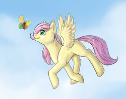 Size: 609x479 | Tagged: safe, artist:170th, fluttershy, butterfly, g4, filly, flying