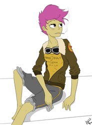 Size: 1013x1374 | Tagged: safe, artist:my-little-veteran, scootaloo, human, g4, cigarette, clothes, female, glasses, humanized, jacket, older, older scootaloo, smoking, solo