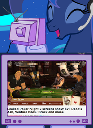 Size: 563x769 | Tagged: safe, princess luna, gamer luna, g4, ash, ash williams, borderlands, brock samson, claptrap, evil dead, exploitable meme, glados, poker night 2, poker night at the inventory, sam (sam and max), sam and max, the venture bros., tv meme