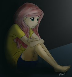 Size: 1013x1082 | Tagged: safe, artist:kprovido, fluttershy, human, g4, barefoot, feet, humanized, sad, solo