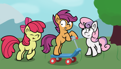 Size: 1825x1039 | Tagged: safe, artist:parttimebrony, apple bloom, scootaloo, sweetie belle, g4, cutie mark crusaders, scooter