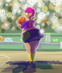 Size: 1020x1200 | Tagged: safe, artist:secretgoombaman12345, scootaloo, human, ask chubby diamond, g4, ass, basketball, blushing, butt, fat, humanized, large butt, muffin top, obese, scootabutt, scootalard