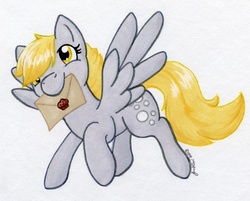 Size: 783x628 | Tagged: safe, artist:jenkiwi, derpy hooves, pegasus, pony, g4, female, letter, mare, mouth hold, solo, traditional art