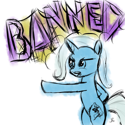 Size: 1400x1400 | Tagged: safe, artist:supermeatbrony, trixie, pony, unicorn, g4, banned, bipedal, female, mare, reaction image, simple background, solo, white background