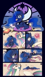 Size: 1150x1950 | Tagged: safe, artist:ezoisum, princess celestia, princess luna, alicorn, pony, gamer luna, g4, blushing, chips, comic, duo, female, food, heart, licking lips, mare, nintendo ds, nudge, poking, royal sisters, snorting, sweat, text, tongue out