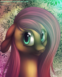 Size: 1000x1236 | Tagged: safe, artist:flerfarvet, fluttershy, g4, abstract background, bust, detailed, eyes open, floppy ears, portrait, solo