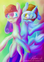 Size: 848x1200 | Tagged: safe, artist:flerfarvet, bon bon, lyra heartstrings, sweetie drops, earth pony, pony, unicorn, g4, bandana, bipedal, colored pupils, eyepatch, female, lesbian, pirate, ship:lyrabon, shipping, smiling