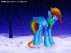 Size: 1200x893 | Tagged: safe, artist:flerfarvet, rainbow dash, g4, snow, snowfall, winter