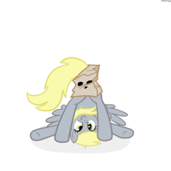 Size: 600x600 | Tagged: safe, artist:hudoyjnik, derpy hooves, pegasus, pony, g4, female, looking between legs, mare, paper bag, simple background, solo, wardrobe misuse