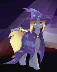Size: 1349x1687 | Tagged: safe, artist:sosweetntasty, derpy hooves, pony, unicorn, g4, cape, clothes, female, hat, race swap, solo, the great and powerful, wizard, wizard hat
