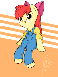 Size: 1500x2000 | Tagged: safe, artist:natsu714, apple bloom, earth pony, semi-anthro, g4, clothes, female, overalls, solo