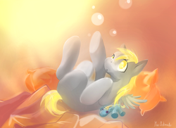 Size: 1472x1070 | Tagged: safe, artist:wolfiedrawie, derpy hooves, g4, blank flank, blanket, bubble, doll, female, filly, lying down, on back, pillow, signature, small wings, solo, wings