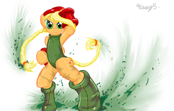 Size: 932x598 | Tagged: safe, artist:xnosidex, applejack, earth pony, pony, semi-anthro, g4, bipedal, boots, cammy white, capcom, crossover, hoof boots, leotard, street fighter