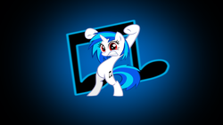 Size: 1920x1080 | Tagged: safe, artist:alca7raz, dj pon-3, vinyl scratch, pony, unicorn, g4, bipedal, cutie mark, cutie mark background, female, hooves, horn, mare, solo, teeth, vector, wallpaper