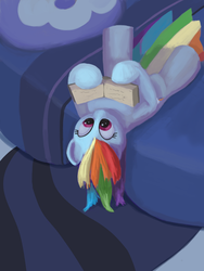 Size: 750x1000 | Tagged: safe, artist:drakmire, rainbow dash, g4, bed, book, reading, upside down