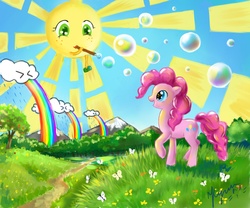 Size: 3000x2500 | Tagged: safe, artist:unnameluna, pinkie pie, butterfly, g4, bubble, cloud, mountain, rainbow, sun, tree