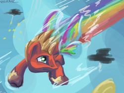 Size: 4000x3000 | Tagged: safe, artist:lukeine, gameloft, big macintosh, earth pony, pony, g4, clear the skies, flying, game, glimmer wings, male, stallion