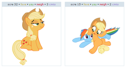 Size: 482x256 | Tagged: safe, applejack, rainbow dash, g4, exploitable meme, juxtaposition, juxtaposition win, rainbowdash presents