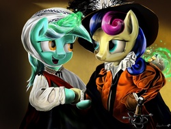 Size: 1856x1403 | Tagged: dead source, safe, artist:stephenmannix, bon bon, lyra heartstrings, sweetie drops, earth pony, pony, unicorn, g4, bipedal, clothes, epee, female, fortune teller, hat, lesbian, looking at each other, magic, rapier, ship:lyrabon, shipping, stealing, sword, thief, weapon