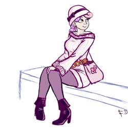 Size: 800x800 | Tagged: safe, artist:aa, sweetie belle, human, g4, clothes, flapper, handbag, hat, humanized, older, older sweetie belle, sitting, teenager