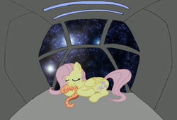 Size: 799x543 | Tagged: safe, artist:muggyheatwave, fluttershy, alien, facehugger, pegasus, pony, xenomorph, g4, alien (franchise), eyes closed, female, larva, mare, solo, space, spaceship, that pony sure does love animals