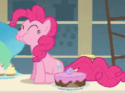 Size: 400x300 | Tagged: safe, screencap, pinkie pie, princess celestia, pony, a bird in the hoof, g4, animated, cake, cropped, cute, diapinkes, eating, eyes closed, female, food, loop, nom, puffy cheeks, sitting, smiling, solo focus
