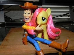 Size: 1600x1200 | Tagged: safe, artist:kurokaji11, fluttershy, g4, brushable, duo, female, hentai woody, irl, male, photo, toy