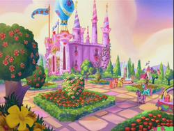 Size: 640x480 | Tagged: safe, screencap, forsythia (g3), gem blossom, minty, peachy pie (g3), tiddly wink, tra-la-la, wysteria, breezie, g3, the princess promenade, balloon, celebration castle, flower, garden, pretty, vine
