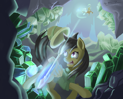 Size: 3000x2400 | Tagged: safe, artist:lukeine, daring do, oc, griffon, g4, crystal, spear