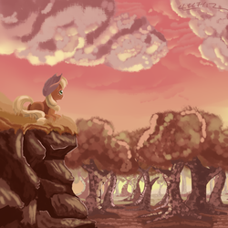 Size: 4000x4000 | Tagged: dead source, safe, artist:lukeine, applejack, g4, orchard, sunset, sweet apple acres