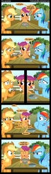 Size: 1200x4050 | Tagged: safe, artist:coltsteelstallion, applejack, rainbow dash, scootaloo, earth pony, pegasus, pony, g4, ^^, blue skin, candle, comic, eyes closed, female, filly, foal, mare, orange mane, orange skin, pie, spread wings, tower of pimps, wings