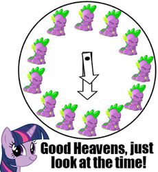 Size: 536x583 | Tagged: safe, spike, twilight sparkle, g4, clock, impact font, just look at the time, spikeabuse, text, time to abuse spike, twiface