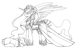 Size: 1477x968 | Tagged: safe, artist:longinius, nightmare moon, alicorn, earth pony, pony, g4, armor, chains, duo, female, grayscale, lineart, mare, monochrome