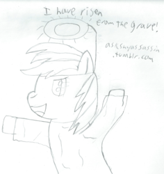 Size: 1393x1476 | Tagged: safe, artist:2shyshy, rainbow dash, zombie, g4, 30 minute art challenge, easter, halo, zombie jesus