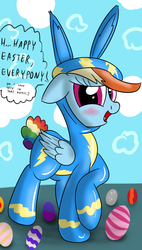 Size: 630x1112 | Tagged: safe, artist:ziemniax, rainbow dash, g4, 30 minute art challenge, blushing, bunny costume, clothes, easter, egg, wonderbolts uniform