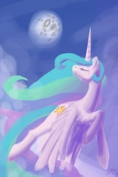 Size: 640x960 | Tagged: dead source, safe, artist:probablyfakeblonde, princess celestia, alicorn, pony, g4, female, flying, mare in the moon, moon, night, night sky, sky, solo