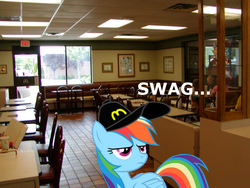 Size: 1600x1200 | Tagged: safe, rainbow dash, g4, fast food, hat, mcdonald's, mcdonalds swag, ponies in real life, swag, working