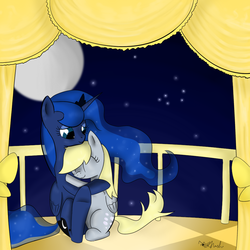 Size: 1000x1000 | Tagged: safe, artist:rodolfomushi, derpy hooves, princess luna, pegasus, pony, g4, balcony, duo, female, hug, mare, sitting