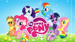 Size: 1136x640 | Tagged: safe, gameloft, screencap, angel bunny, applejack, fluttershy, pinkie pie, rainbow dash, rarity, spike, twilight sparkle, g4, easter, easter egg, egg, flower, grass, loading screen, mane seven, mane six, my little pony logo, stock vector