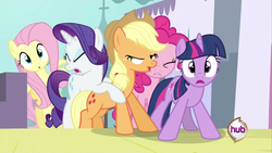 Size: 1920x1080 | Tagged: safe, screencap, applejack, fluttershy, pinkie pie, rarity, twilight sparkle, a canterlot wedding, g4, my little pony: friendship is magic, bend over, hub logo, out of context