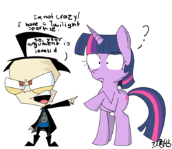 Size: 2094x1817 | Tagged: safe, artist:irunekagi, twilight sparkle, human, pony, unicorn, g4, clothes, crossover, dib membrane, duo, female, invader zim, male, mare, simple background, transparent background, unicorn twilight, your argument is invalid