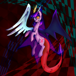 Size: 700x700 | Tagged: safe, artist:oscarina1234, twilight sparkle, draconequus, g4, discord sparkle, draconequified, metal as fuck, mismatched horns, mismatched wings, twikonequus, wings