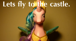 Size: 1349x739 | Tagged: safe, princess celestia, pony, g4, caption, derp, female, irl, let's fly to the castle, looking at you, merchandise, must obey, nightmare fuel, photo, pinklestia, solo, soul stare celestia