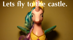 Size: 1349x739 | Tagged: safe, princess celestia, pony, g4, caption, derp, derplestia, female, irl, let's fly to the castle, looking at you, merchandise, must obey, nightmare fuel, photo, pinklestia, solo, soul stare celestia